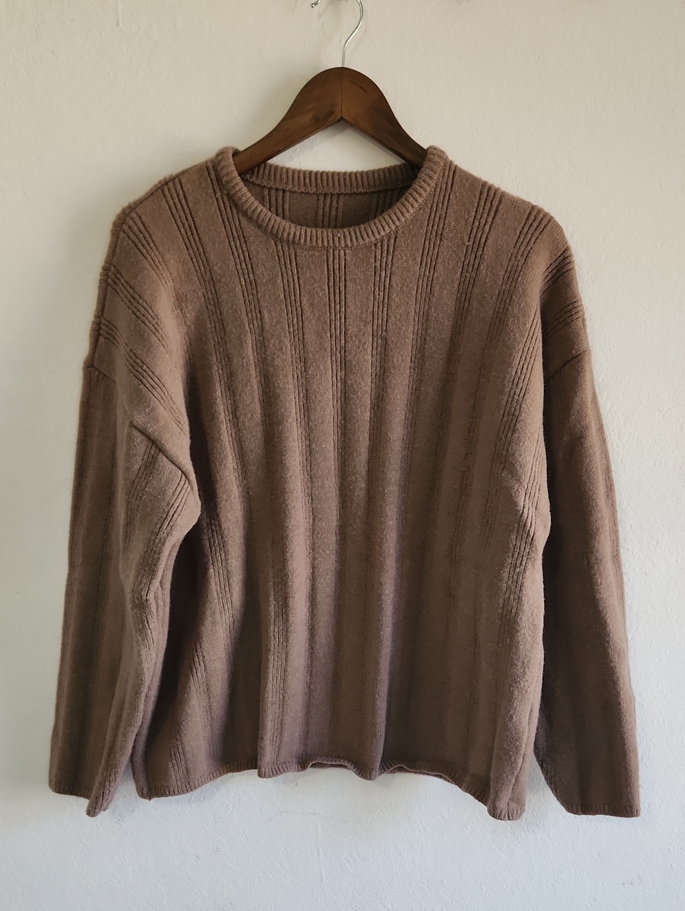 Minimalist Mocha Brown 100% Cotton Ribbed Chunky Knit Sweater Size M